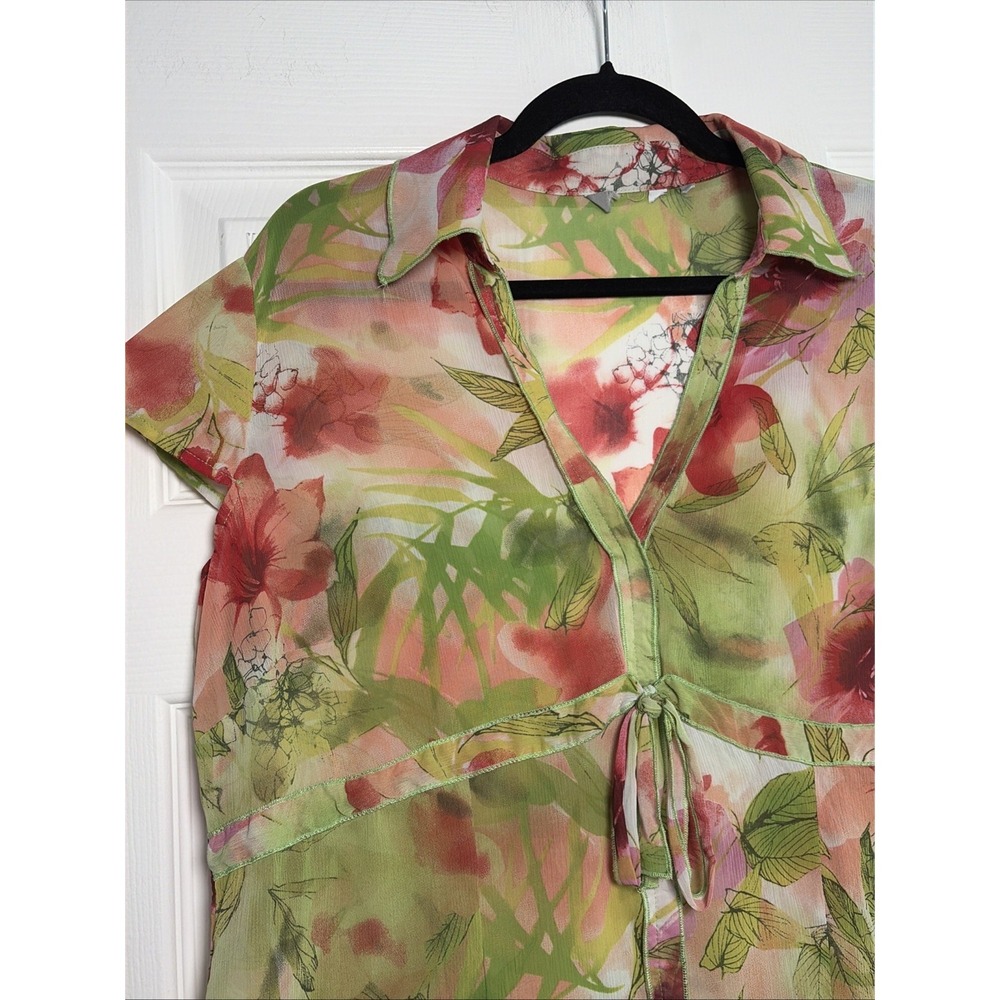 Marks & Spencer Floral Blouse Womens Size 16 Green Pink Y2K Chiffon Top Babydoll